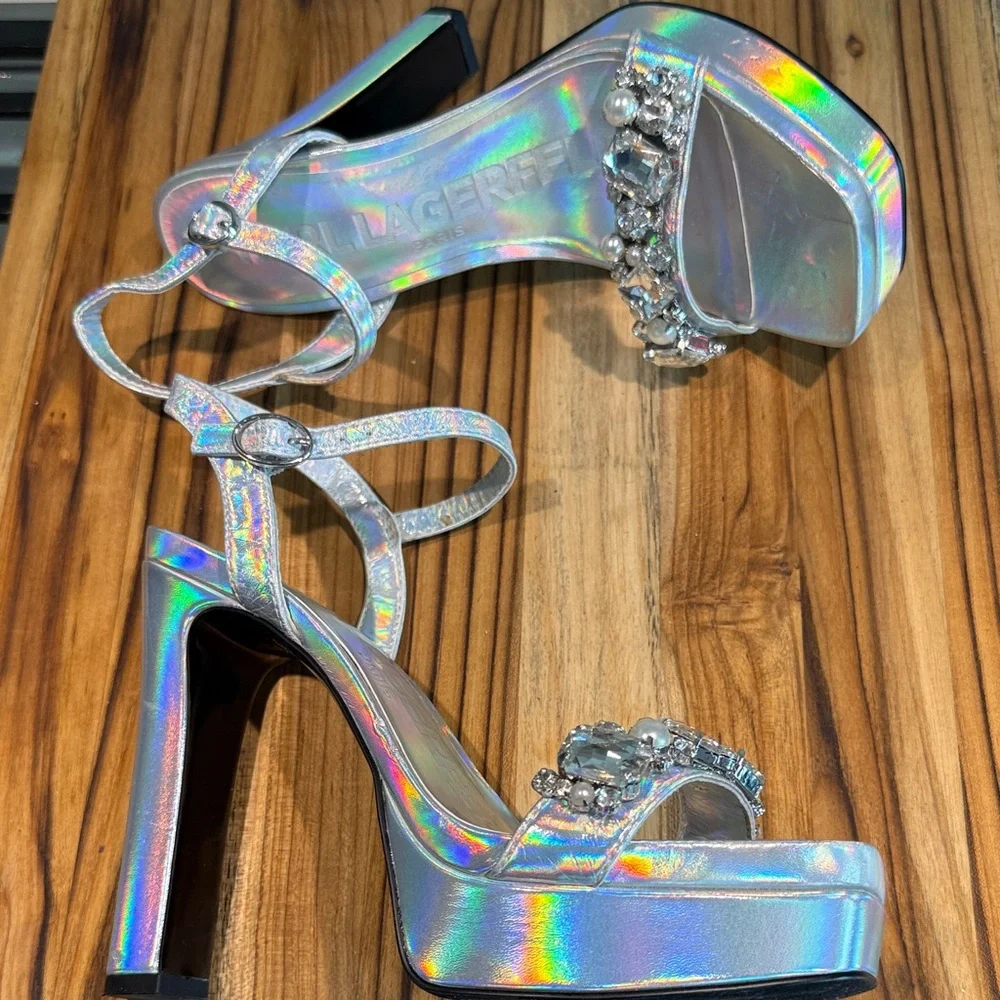 Karl Lagerfeld Holographic Jeweled Platform Sandals - Silver